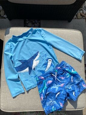 Kids Blue Shark Rash Guard Set - Long Sleeve Swim Top and Shorts